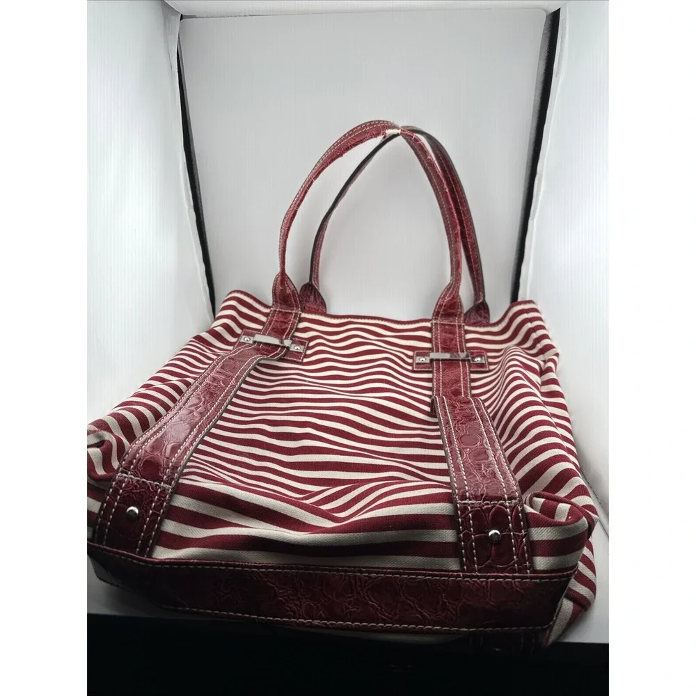 Vintage GUESS Satchel Tote Bag Red White Striped Faux Leather Croc Trim Medium